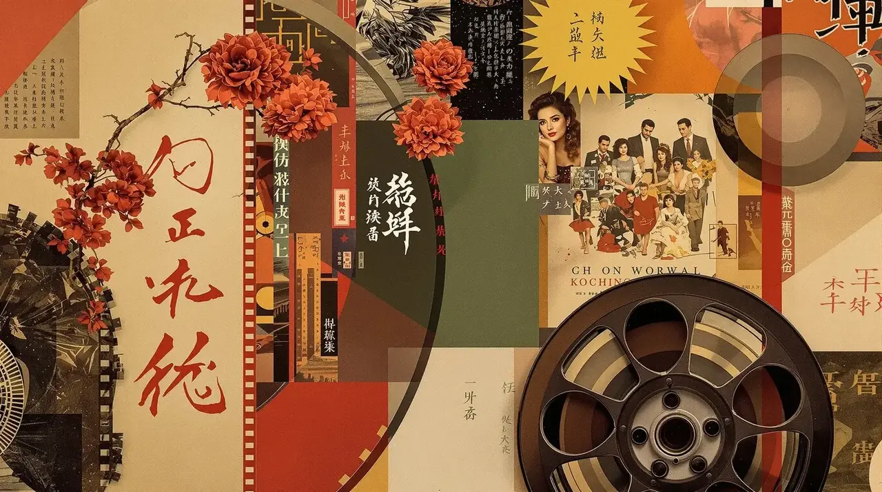 亚洲激情网站 怀旧电影胶片与经典海报的艺术拼贴背景
